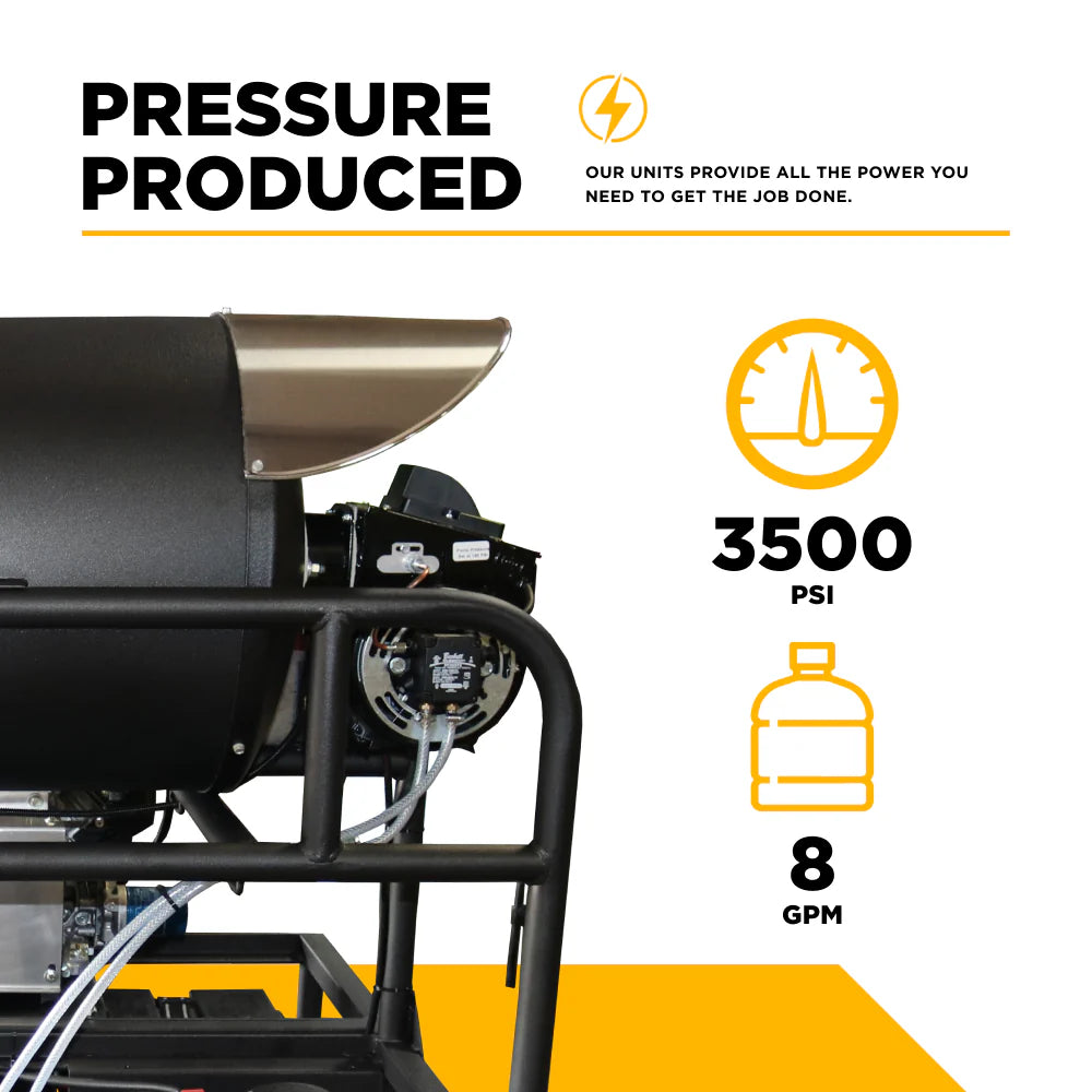 BE 3500psi 8.0gpm Kohler All Diesel Hot Water Pressure Washer Stationary Skid